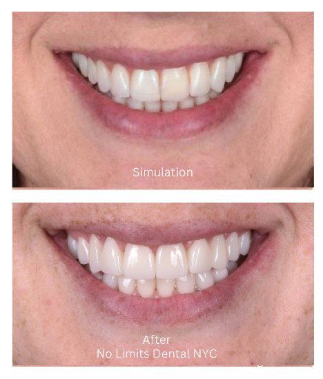Digital smile simulation compared with the finished smile makeover at No Limits Dental NYC